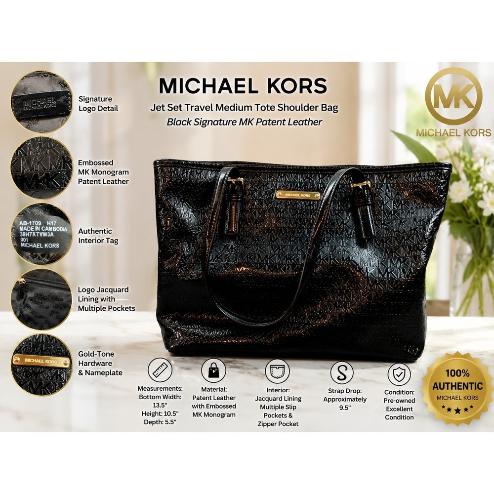 Michael Kors Jet Set Black Embossed Patent Leather MK Monogram Tote Bag Gold HW